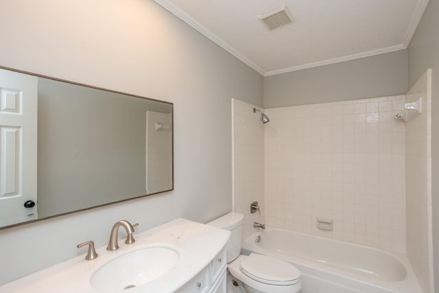 bathroom with visible vents, crown molding, vanity, and toilet