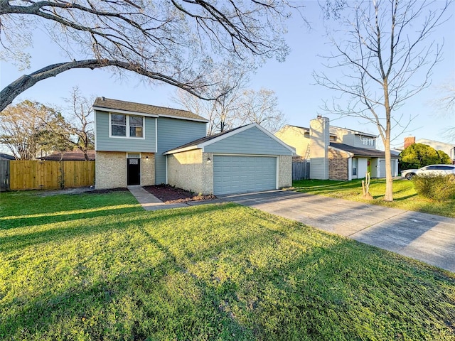 view of front of home with brick siding, fence, driveway, and a front lawn