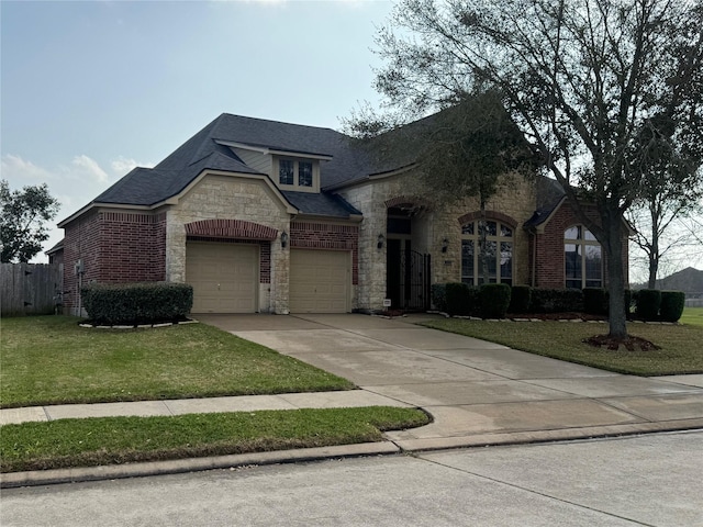 french provincial home with driveway, stone siding, an attached garage, a front lawn, and brick siding