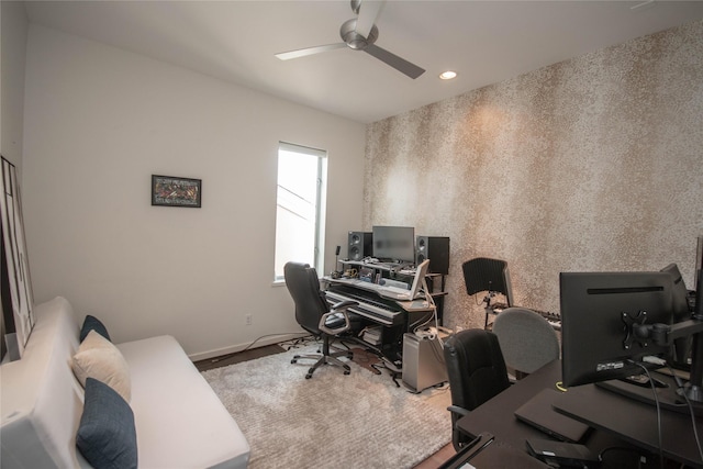 office space with recessed lighting, baseboards, and ceiling fan