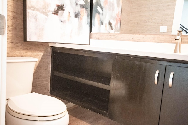 bathroom featuring vanity, toilet, and wood finished floors