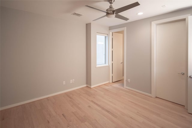 unfurnished bedroom featuring a ceiling fan, baseboards, visible vents, recessed lighting, and light wood-type flooring