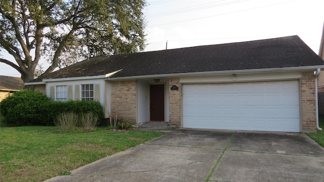 ranch-style home featuring driveway, an attached garage, roof with shingles, and brick siding