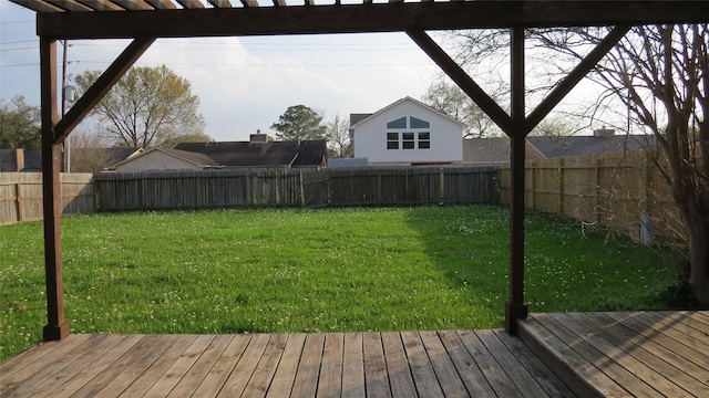 view of yard with a fenced backyard and a wooden deck