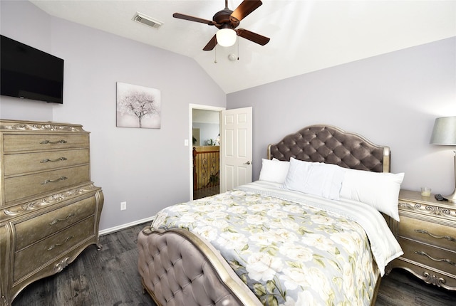 bedroom with a ceiling fan, baseboards, visible vents, lofted ceiling, and dark wood-style flooring