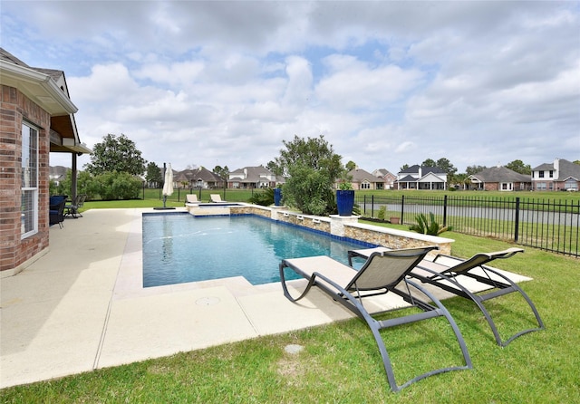 view of pool featuring a yard, a residential view, a patio, and a fenced backyard