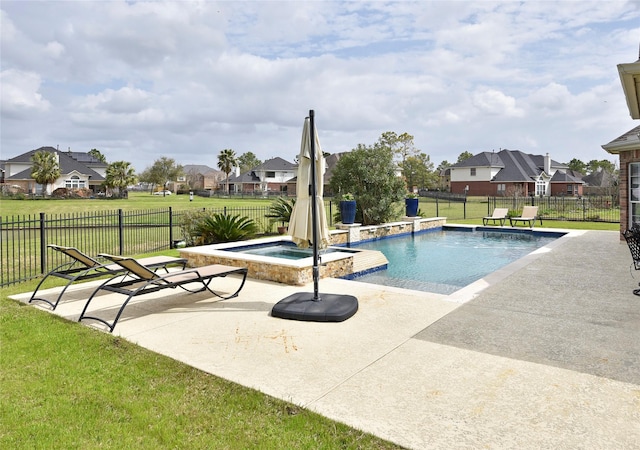 view of swimming pool featuring a patio, a lawn, a residential view, and a fenced backyard