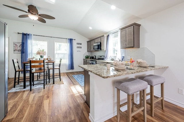 kitchen featuring lofted ceiling, stainless steel appliances, light wood-type flooring, and a peninsula