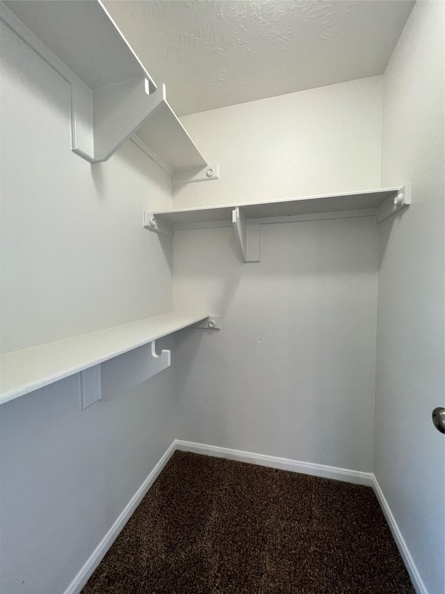 spacious closet featuring dark carpet