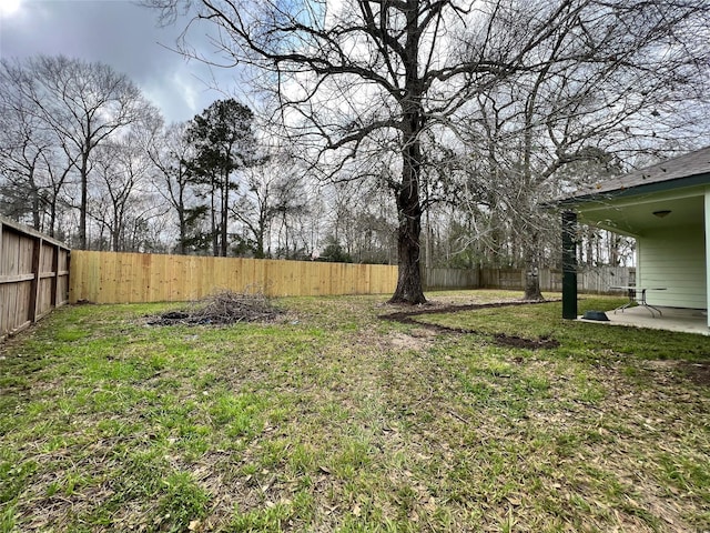 view of yard with a fenced backyard and a patio