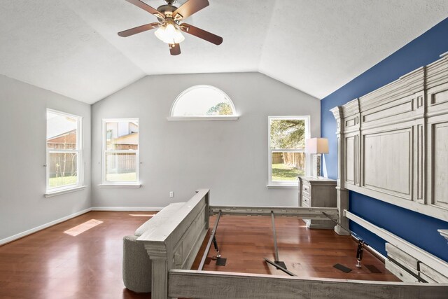 unfurnished office featuring baseboards, lofted ceiling, wood finished floors, and a ceiling fan