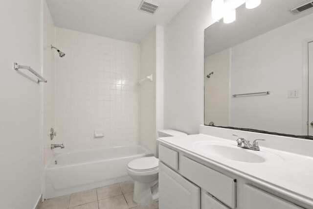 full bathroom with tile patterned flooring,  shower combination, toilet, and visible vents