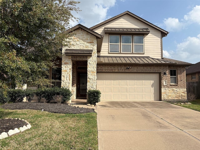 view of front of property featuring concrete driveway, a standing seam roof, metal roof, a garage, and stone siding