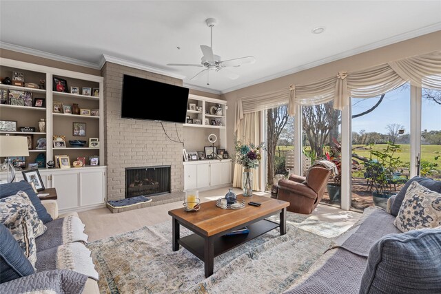 2526 Country Club Blvd, Sugar Land, TX 77478 - living room with ceiling fan, ornamental molding, and a fireplace