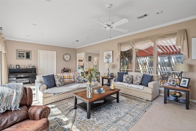2526 Country Club Blvd, Sugar Land, TX 77478 - carpeted living area featuring ceiling fan and ornamental molding