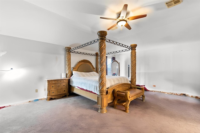 bedroom featuring visible vents, carpet floors, and ceiling fan