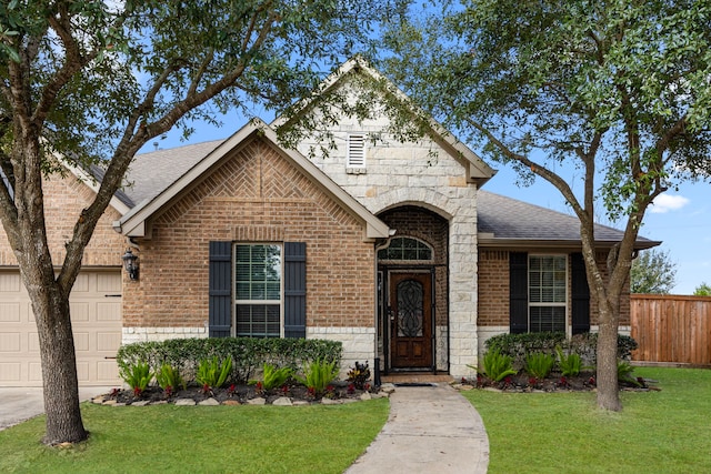 french country style house with brick siding, a shingled roof, an attached garage, fence, and a front yard