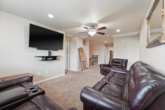 living room featuring attic access, recessed lighting, baseboards, and carpet floors