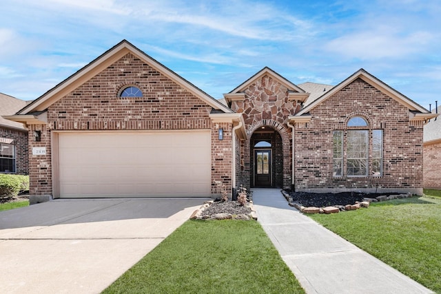 view of front of home with a garage, concrete driveway, stone siding, a front lawn, and brick siding