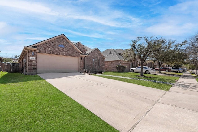 view of front of house featuring an attached garage, brick siding, fence, concrete driveway, and a front lawn