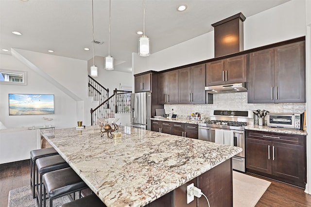 kitchen with a kitchen breakfast bar, dark wood-style floors, under cabinet range hood, and stainless steel appliances