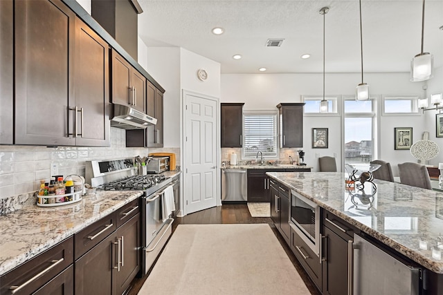 kitchen with visible vents, under cabinet range hood, a sink, stainless steel appliances, and dark wood-style flooring