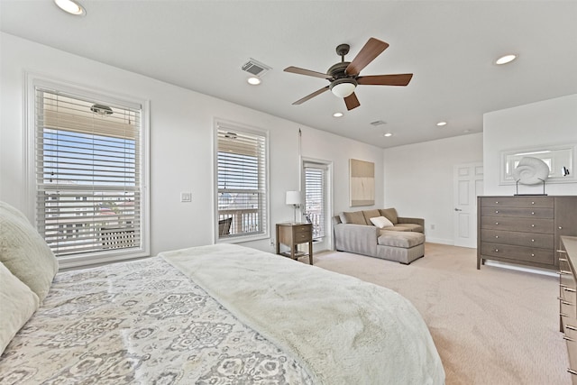 bedroom featuring visible vents, recessed lighting, carpet, and ceiling fan