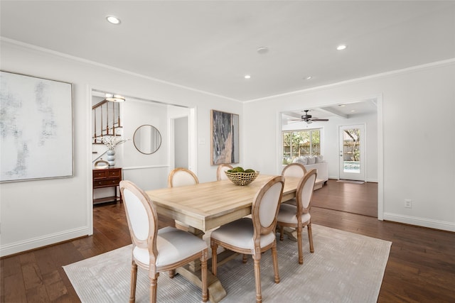 dining area with crown molding, recessed lighting, baseboards, and wood-type flooring