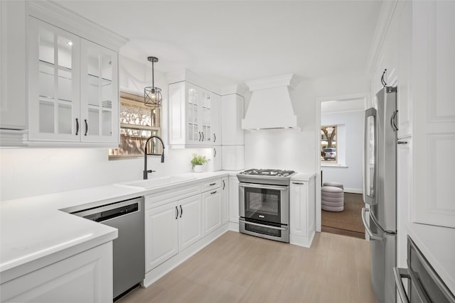 kitchen with custom exhaust hood, appliances with stainless steel finishes, a wealth of natural light, and a sink