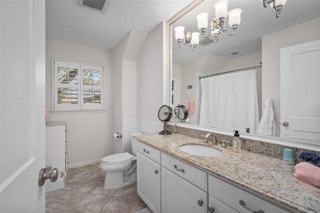 full bathroom featuring visible vents, toilet, tile patterned floors, a notable chandelier, and vanity