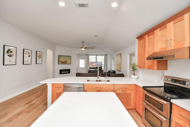 kitchen with stainless steel appliances, a fireplace, a sink, visible vents, and ventilation hood