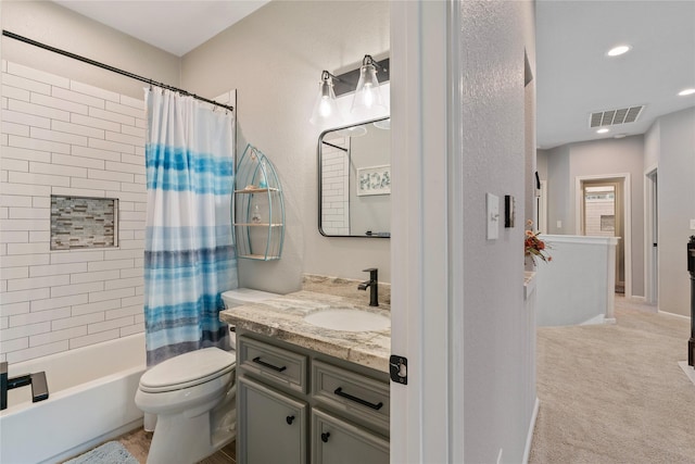 bathroom with recessed lighting, visible vents, shower / bathtub combination with curtain, toilet, and vanity