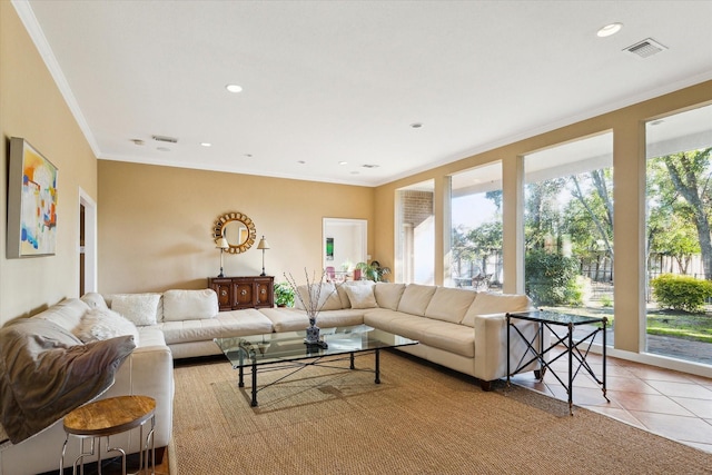 living area featuring recessed lighting, tile patterned flooring, visible vents, and crown molding