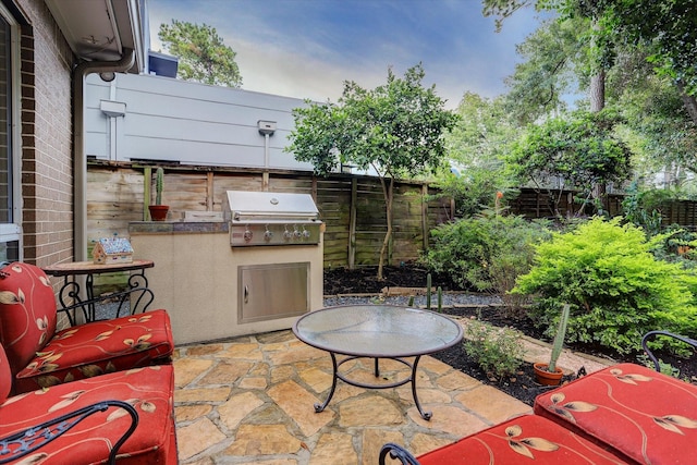 view of patio / terrace featuring a fenced backyard and area for grilling