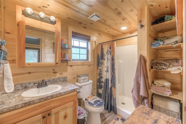 full bath featuring wood walls, wooden ceiling, a shower stall, and visible vents