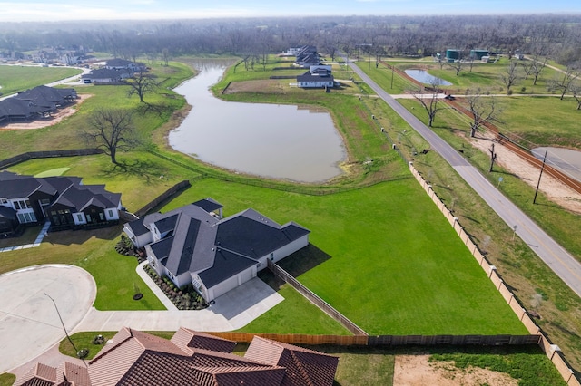 birds eye view of property featuring a water view and a residential view