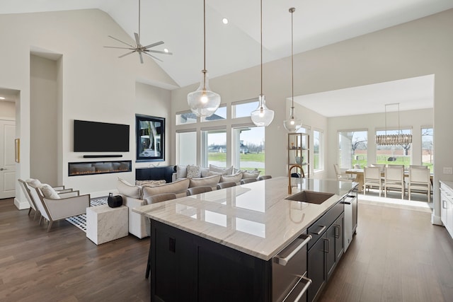4103 Willowisp Ct, Fulshear, TX 77441 - kitchen with high vaulted ceiling, dark wood finished floors, light stone counters, decorative light fixtures, and an island with sink