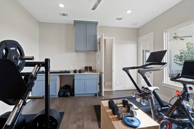 4103 Willowisp Ct, Fulshear, TX 77441 - exercise area featuring dark wood-style flooring, ceiling fan, and recessed lighting