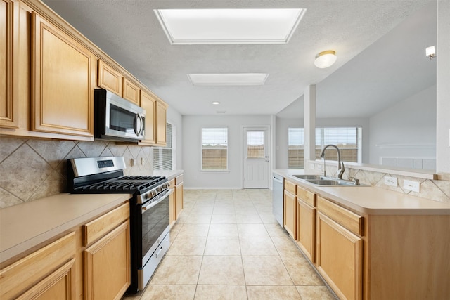 kitchen featuring backsplash, plenty of natural light, stainless steel appliances, and a sink