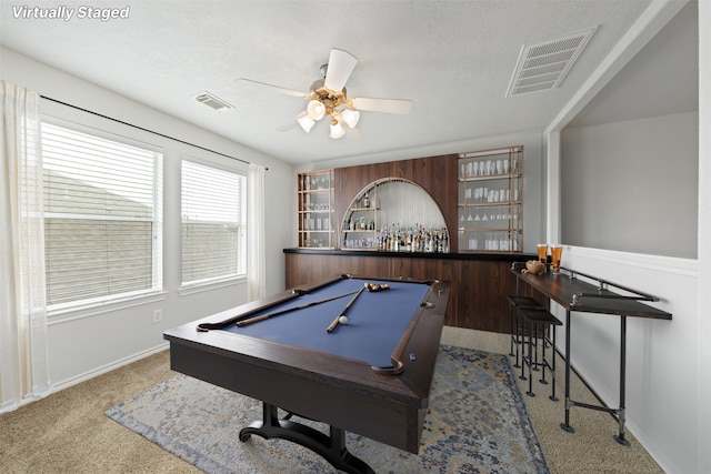 game room featuring billiards, a bar, carpet flooring, and visible vents