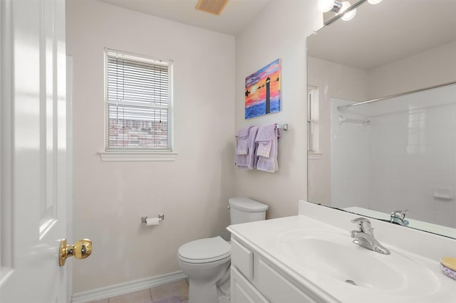 full bath with a shower, visible vents, toilet, vanity, and baseboards