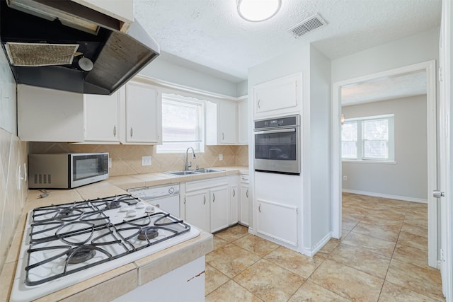 kitchen featuring tasteful backsplash, visible vents, under cabinet range hood, stainless steel appliances, and a sink