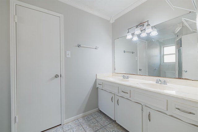 full bathroom featuring a sink, ornamental molding, double vanity, and tile patterned floors