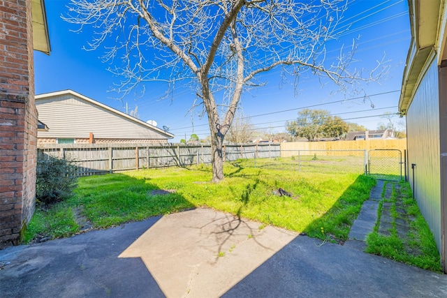 view of yard with a patio, a gate, and a fenced backyard