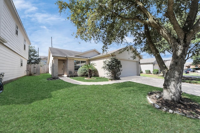 ranch-style house featuring a garage, a front yard, concrete driveway, and fence