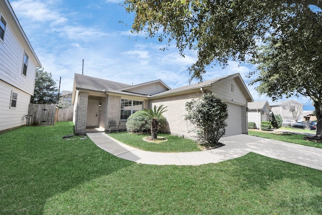 ranch-style house featuring brick siding, a front yard, fence, a garage, and driveway