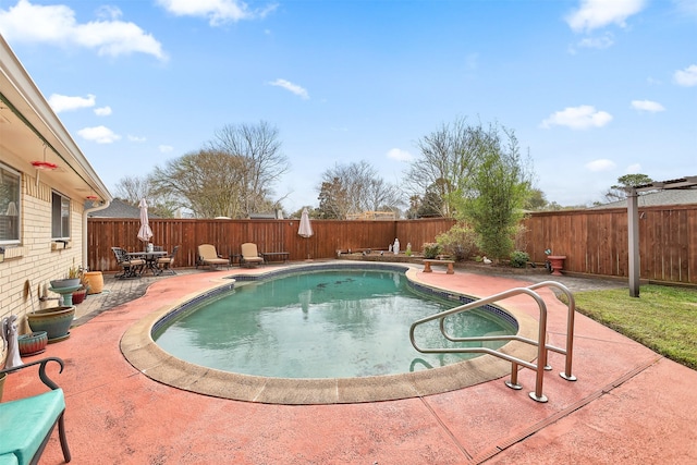 view of pool with a fenced in pool, a fenced backyard, and a patio