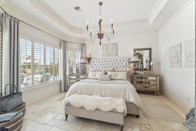 bedroom with visible vents, a notable chandelier, ornamental molding, a tray ceiling, and baseboards