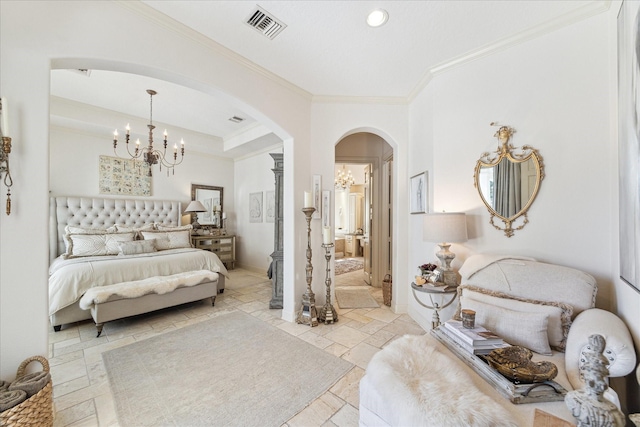 bedroom with visible vents, ornamental molding, stone tile floors, an inviting chandelier, and arched walkways