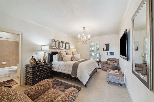 bedroom featuring connected bathroom, crown molding, a chandelier, light colored carpet, and a textured ceiling